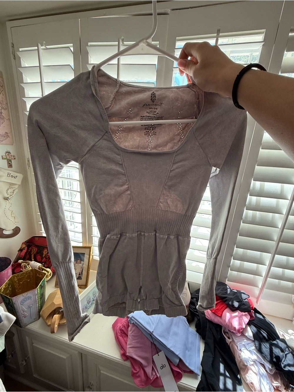 Free People Gray Scoop-Neck Fitted Long Sleeve Top